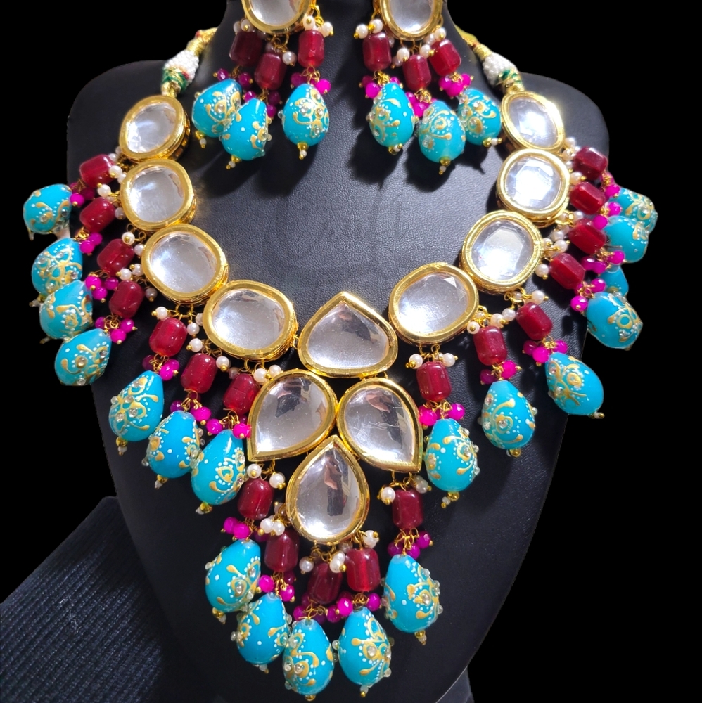 Tanjore Kundan Necklace,Firozi Beaded Handmade Kundan set, Indian Jewelry Online